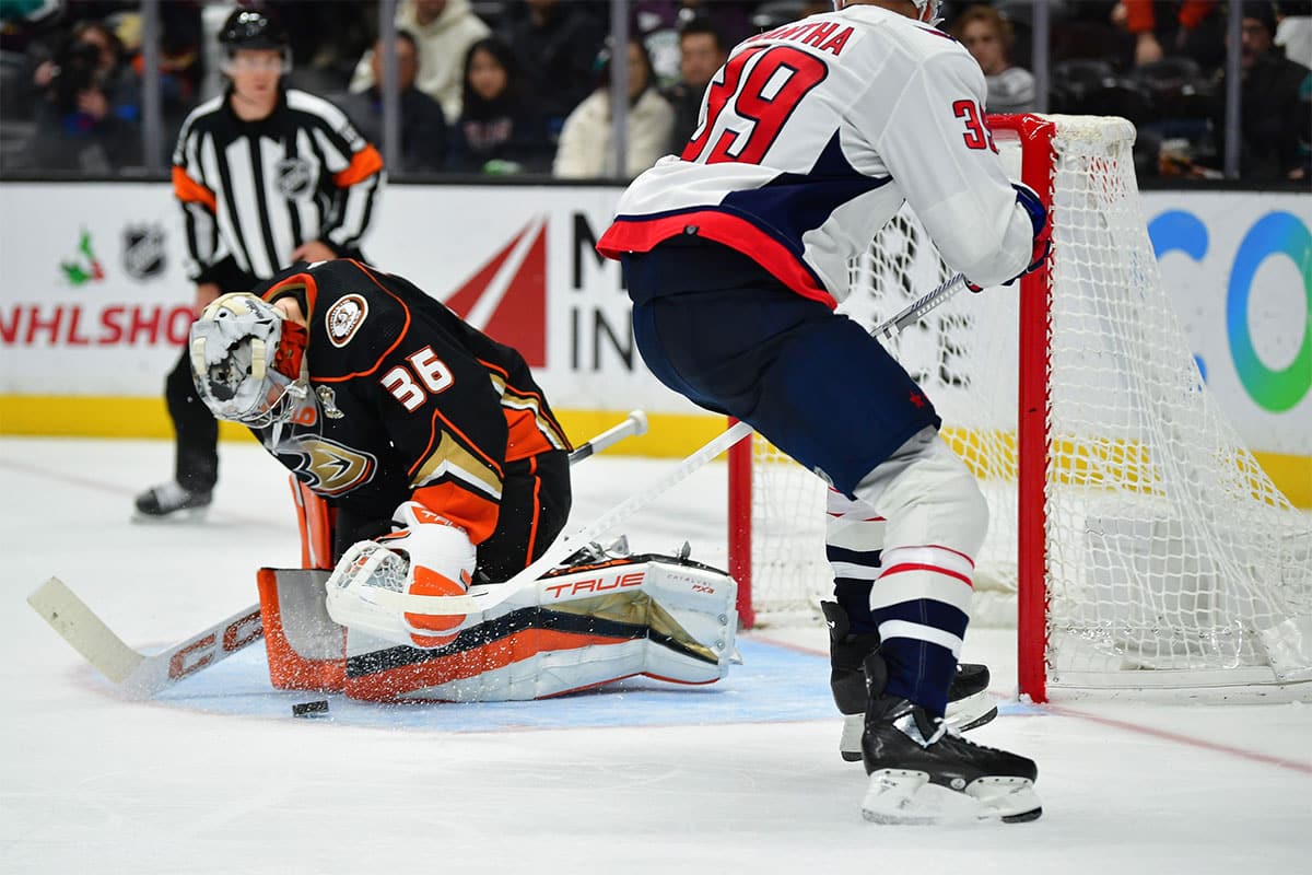 Anaheim Ducks goaltender John Gibson (36) blocks a shot against Washington Capitals right wing Anthony Mantha (39) during the third period at Honda Center.