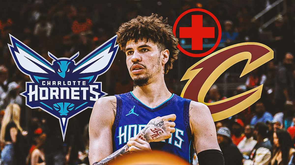 Hornets guard LaMelo Ball next to the Hornets and Cavs logos with the health symbol in the background