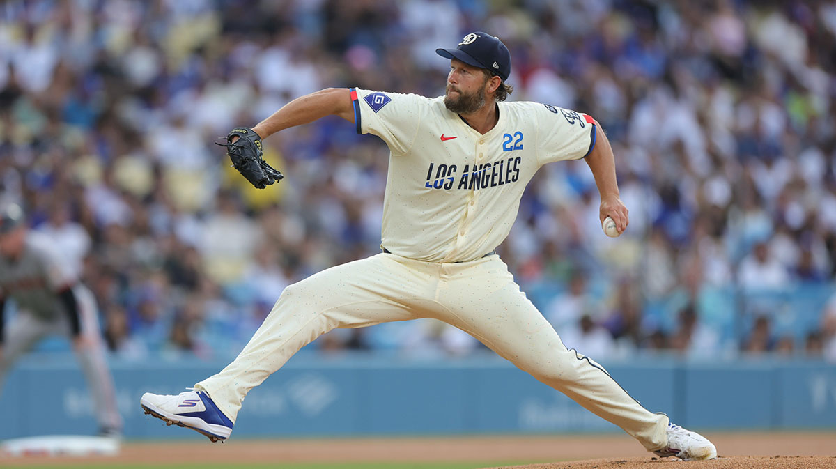 Jun 14, 2025; Los Angeles, California, USA; Los Angeles Dodgers pitcher Clayton Kershaw (22) on the mound during the first inning against the San Francisco Giants at Dodger Stadium.