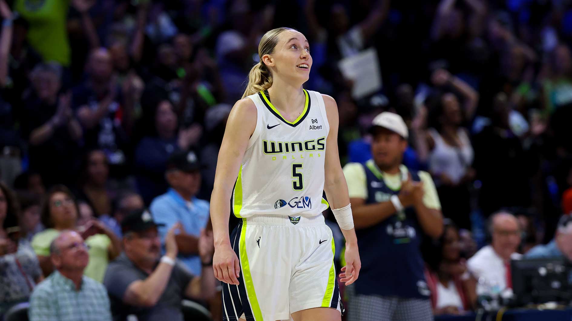 Dallas Wings guard Paige Bueckers (5) reacts during the second half against the Golden State Valkyries at College Park Center.